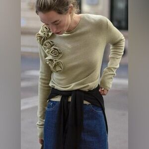 Zara Olive Green Crewneck Sweater with Rosette Detail